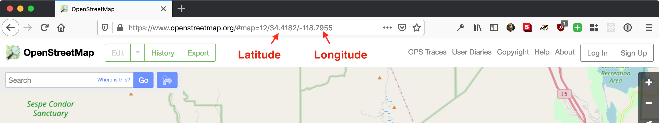 OpenStreetMaps screenshot showing latitude and longitude