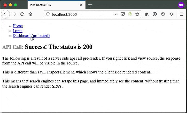 Show the login and protected route with ssr prerender api call