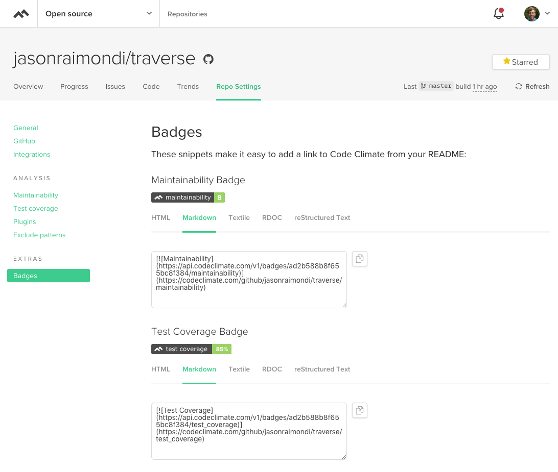 Code Climate add coverage badges