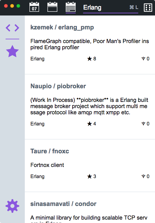 Main page of Traverse, searching for monthly trending Erlang repositories