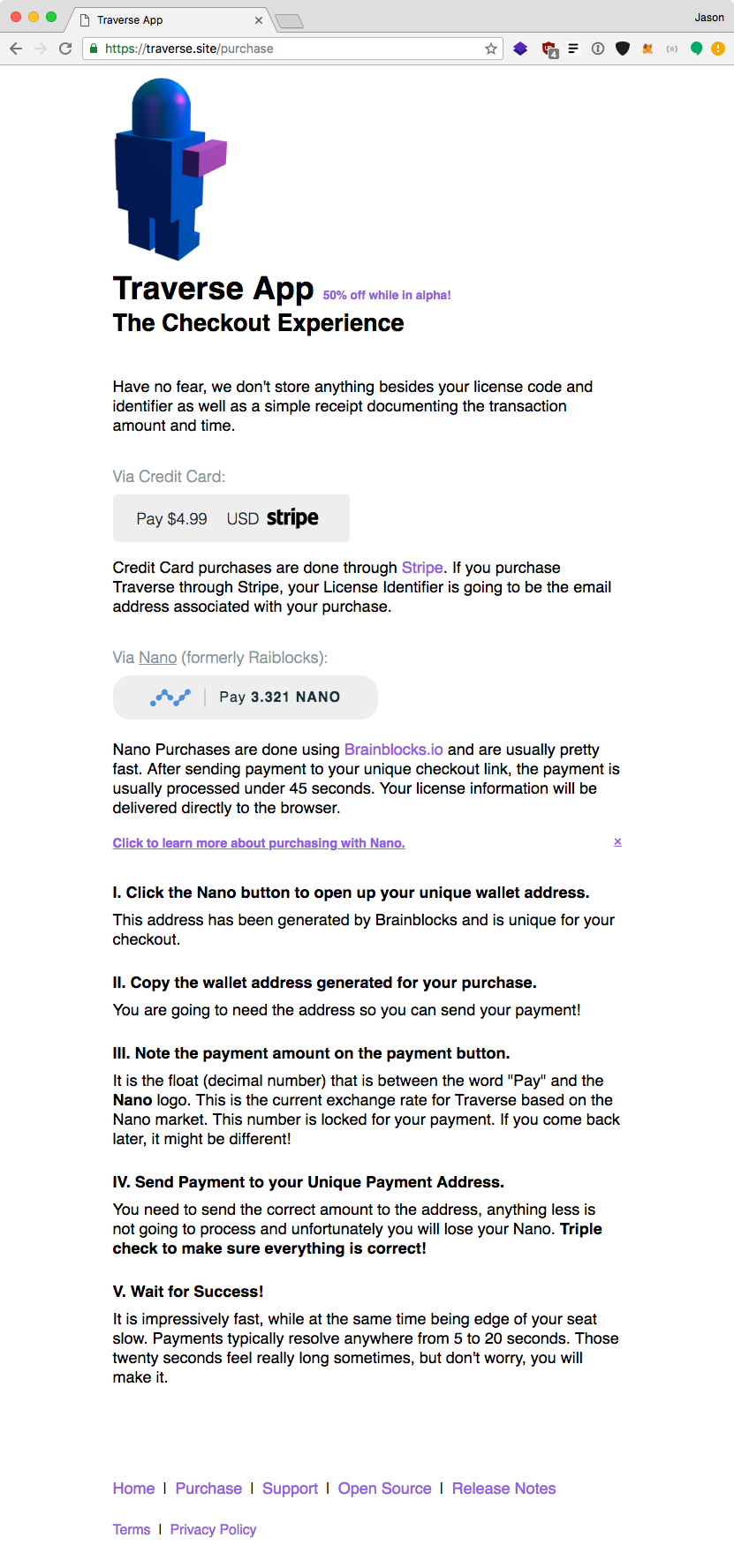 Traverse website purchase traverse page with NANO instructions